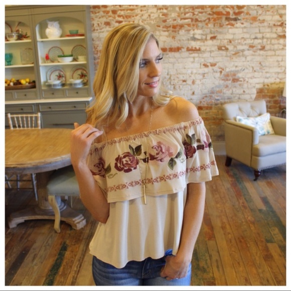 ⭐️ Taupe Embroidered Ruffle Off Shoulder Top - Picture 2 of 6
